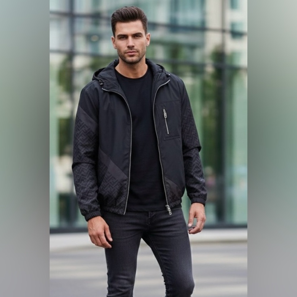Authentic Fendi FF Logo Black Monogram Hooded Windbreaker Jacket, IT48/L